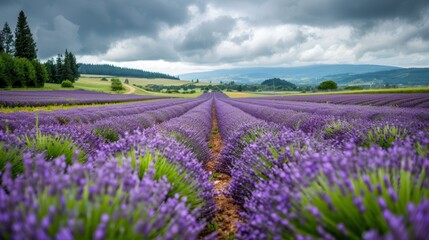 Naklejka premium A stunning lavender field under a moody sky, showcasing vibrant purple flowers stretching across rolling hills.