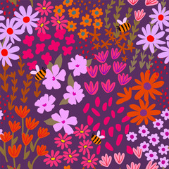 Seamless pattern with little wild meadow flowers, leaves and bees. Сolourful cute floral summer background. Can be used for wrapping, textile, print, banner, brochure, label, wallpaper, greeting card