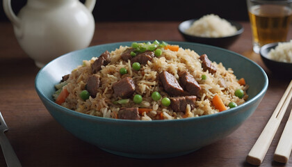 closeup of beef fried rice on a plate
