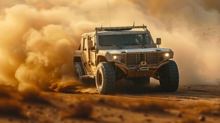 Fototapeta premium Off-road vehicle driving through a dusty path