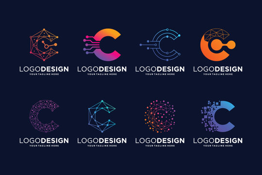 Letter C tech logo design. Digital, connection, and science logo concept
