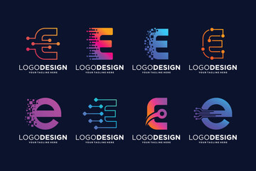 Letter E tech logo design. Digital, connection, and science logo concept