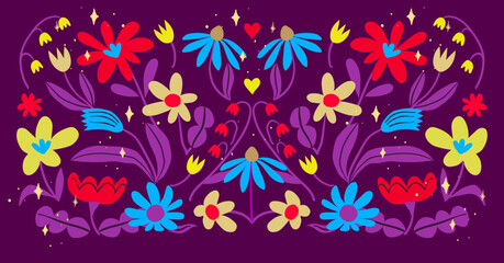 Symmetry horizontal composition with groovy meadow flowers, leaves and stars. Abstract vintage retro 60s and 70s aesthetic illustration. Colorful summer floral background. Purple, beige, red, yellow, 