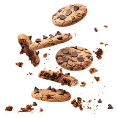 Obraz premium Flying pile cake crumbs chocolate chip cookies isolated on transparent white background, clipping path