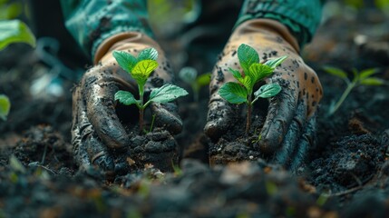 Photograph of two people planting trees in the ground, wearing gloves and holding tree seedlings.