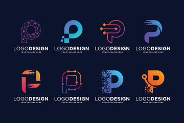Letter P tech logo design. Digital, connection, and science logo concept