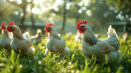 Fototapeta premium Chickens grazing on a green field