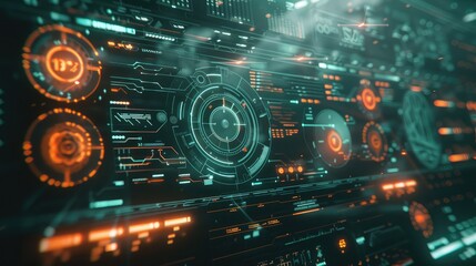 Obraz premium A holographic interface with various communication icons and elements.