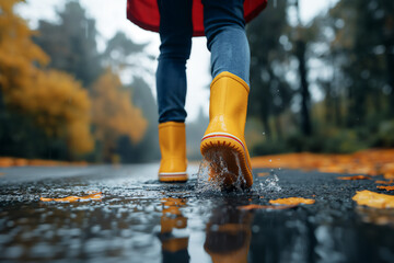 Low angle view of little girl wearing red raincoat and yellow rain boots, walking in rain and puddles, copy space
