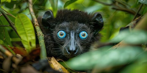 Obraz premium blue-eyed black lemur in the wild,
