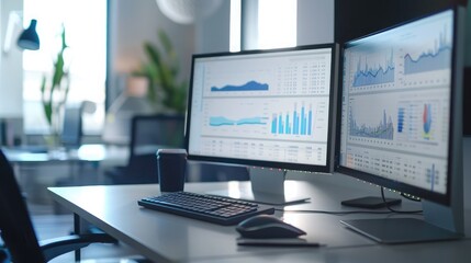 Fototapeta premium A modern office setup with dual monitors displaying financial data.