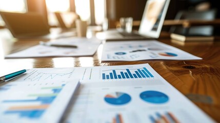 A set of printed business reports and charts, spread out on a wooden conference table