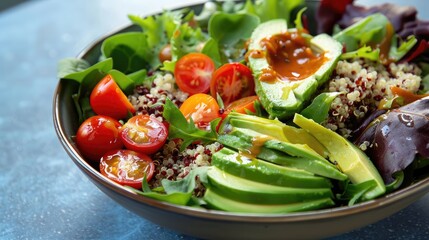 A vibrant salad bowl filled with mixed greens, cherry tomatoes, avocado, and quinoa, topped with a light vinaigrette.