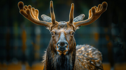 Closeup of a brown moose with large antlers on its head