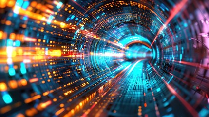 Fototapeta premium An abstract digital tunnel with flowing data and bright colors.