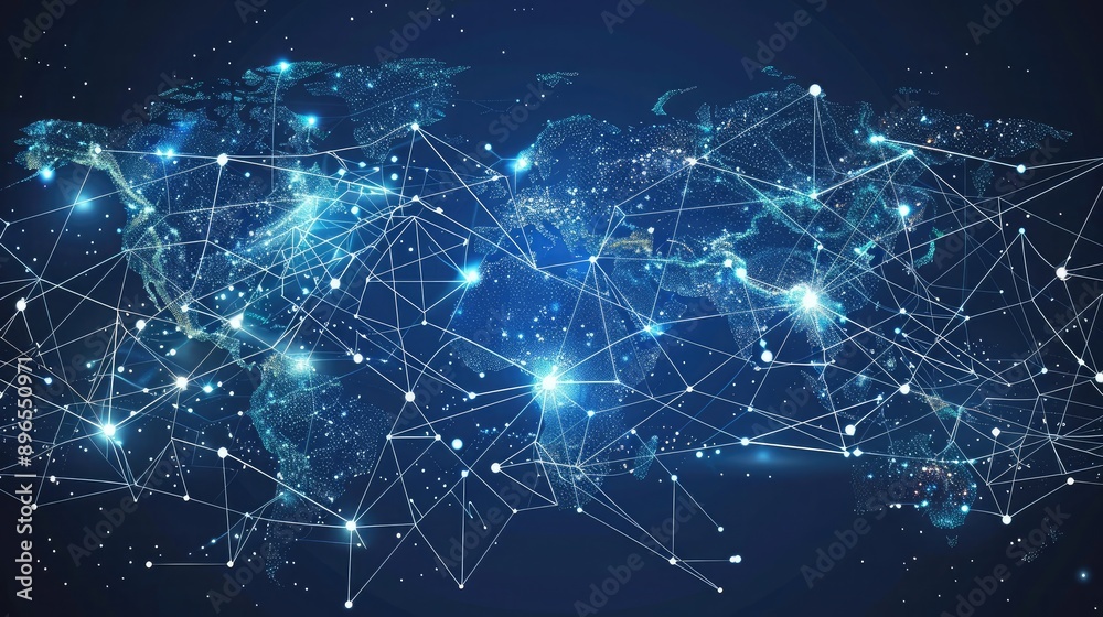 Poster an abstract representation of a global network with connected nodes and lines.
