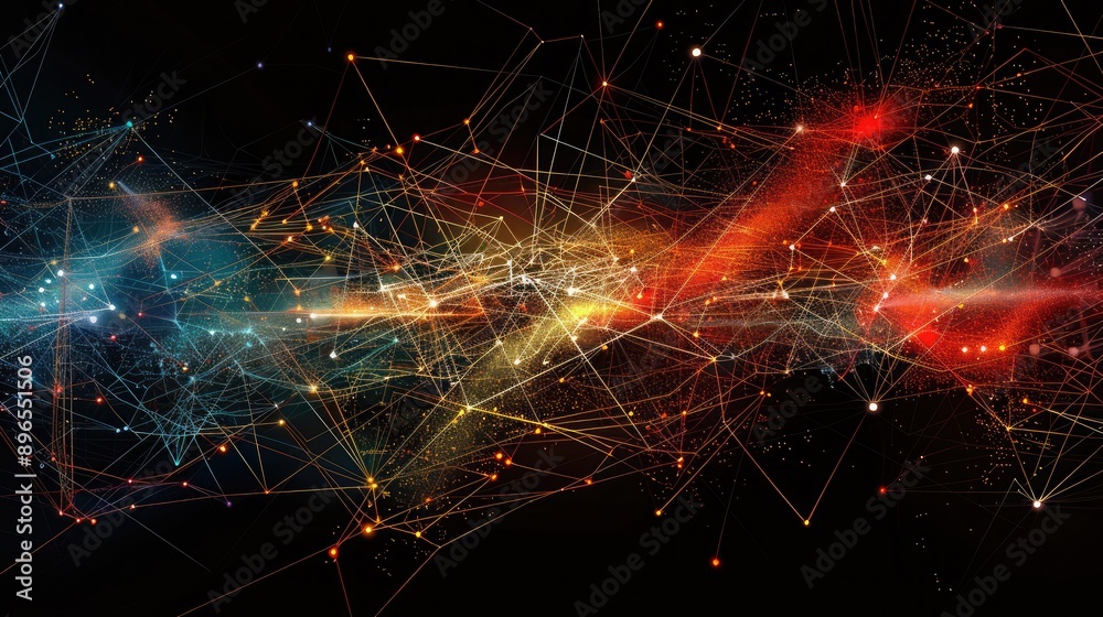 Poster an abstract representation of global communication networks with interconnected nodes.