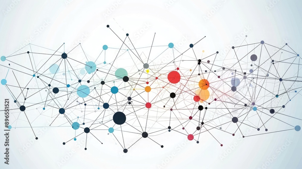 Poster an abstract representation of global communication networks with interconnected nodes.