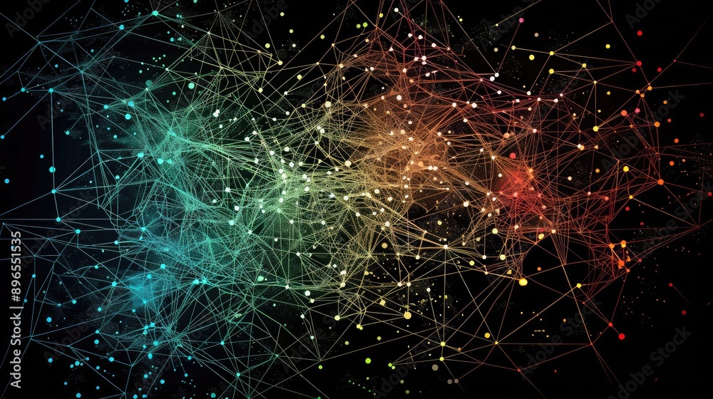 Poster an abstract representation of global communication networks with interconnected nodes.