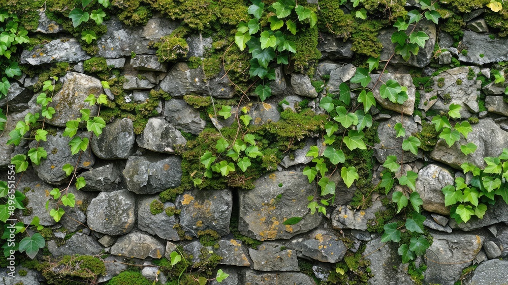 Poster An ancient stone wall covered with moss and ivy, revealing the passage of time and nature's reclaim.