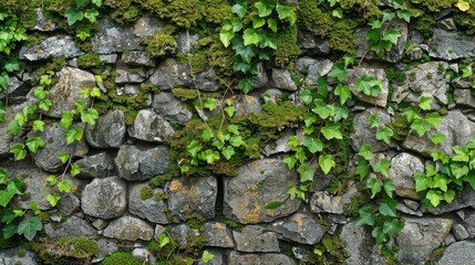 An ancient stone wall covered with moss and ivy, revealing the passage of time and nature's reclaim.