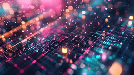 Brightly colored digital particles moving through a futuristic grid.