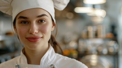 A woman wearing a chef's hat and apron, ready for cooking or serving food
