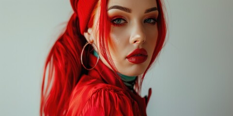 A woman with vibrant red hair and matching clothing, posing in a studio setting