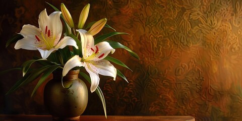 a lily bouquet in a vase on a table with copy space