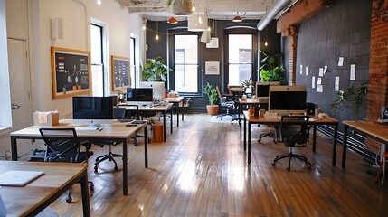 A coworking space with modern desks, ergonomic chairs, and slate walls where professionals collaborate and generate innovative ideas 