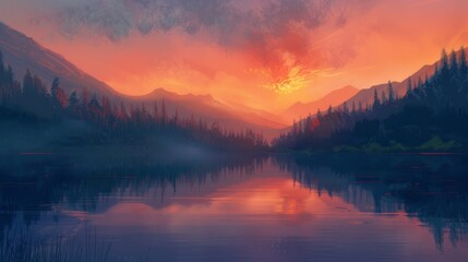 Fototapeta premium Sunset Reflection in Mountain Lake.