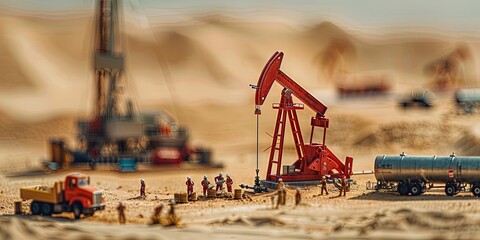 Desert oil drilling operation miniature 3/4 overhead view