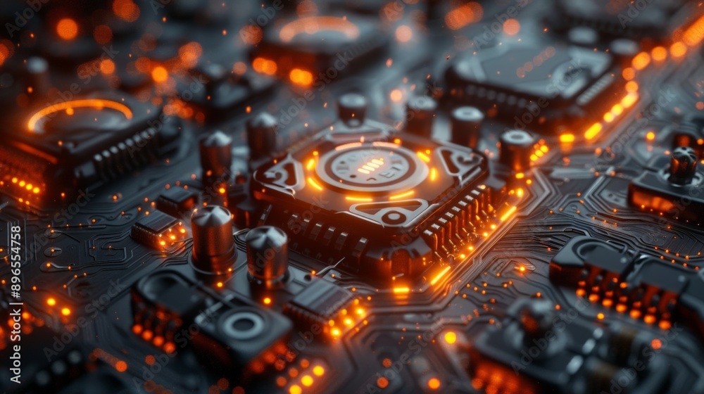 Wall mural close-up of a glowing circuit board with illuminated components showcasing modern technology.