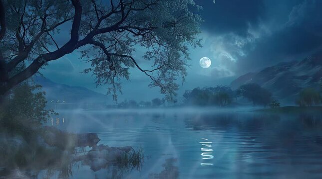 Misty lake on a fantasy night.
 Seamless looping 4k time-lapse virtual video animation Generated AI