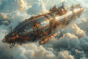 Obraz premium A majestic, golden-colored steampunk airship equipped with elaborate mechanical details soars over a cloudy landscape, embodying a blend of grandeur and technological innovation.