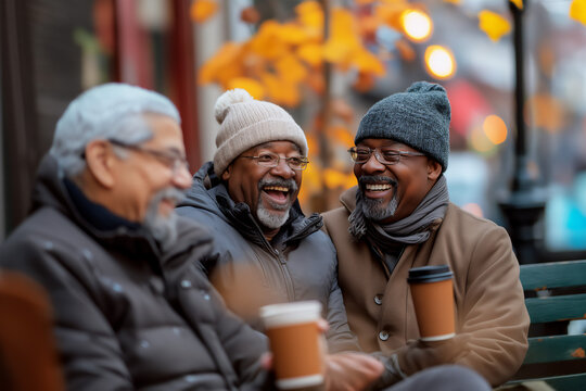 Group of diverse retired men enjoying a cup of coffee in outdoor cafe, cold weather, copy space