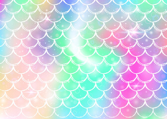 Kawaii mermaid background with princess rainbow scales pattern. Fish tail banner with magic sparkles and stars. Sea fantasy invitation for girlie party. Spectrum kawaii mermaid backdrop.