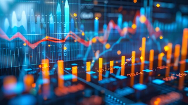 Crea un grafico economico che utilizzi istogrammi e statistiche per visualizzare i dati finanziari. Il design dovrebbe includere elementi come grafici a barre e colonne, e deve essere orientato verso 