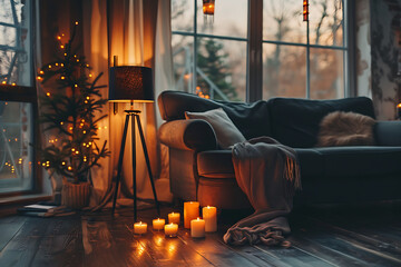 Cozy living room interior with burning candles, sofa and armchair