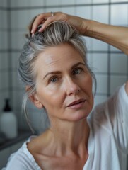 Fototapeta premium A woman with a white shirt brushes her hair in a relaxed moment