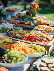 A colorful display of various foods at a market stall