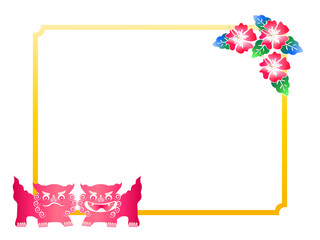 沖縄の伝統、紅型のハイビスカスとシーサーのフレーム