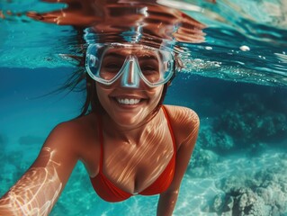 Naklejka premium A person in a red swimsuit with goggles underwater, suitable for adventure or sports themes