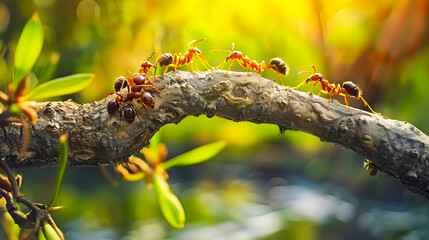 A close up view of a group of ants working together to construct a bridge on a twig showcasing their remarkable teamwork and to overcome obstacles and achieve a common goal