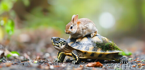 Unusual but Captivating Scene of a Turtle Carrying a Rabbit on Its Back in a Lush Forest Wilderness Setting Showcasing an Unexpected and Whimsical Interspecies Encounter