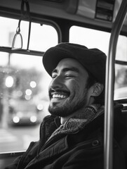 A passenger on a city bus with a friendly expression, perfect for transportation or community scenes