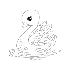 Beautiful Cartoon Swan Line Art For Kids Coloring Page and T-Shirt.