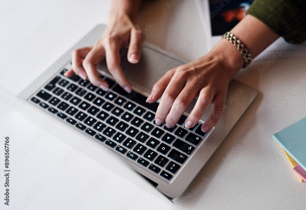 Poster hands, keyboard and research in office with laptop for typing, email and communication. business, te