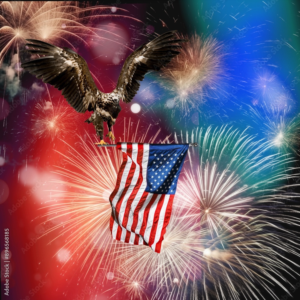 Sticker Eagle hold American Flag Flies with bright Fireworks on background