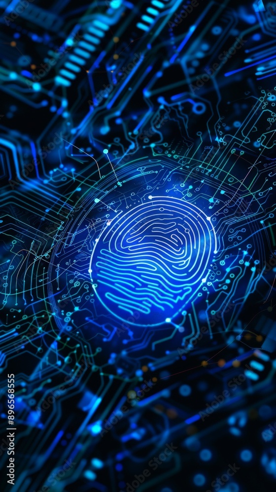 Poster blue circuit board background with biometric scan icon in the center, digital security technology co